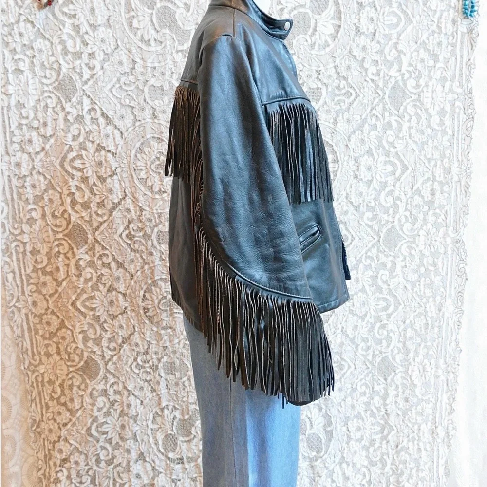 Vintage Black Fringe Leather Jacket - Picture 5 of 7